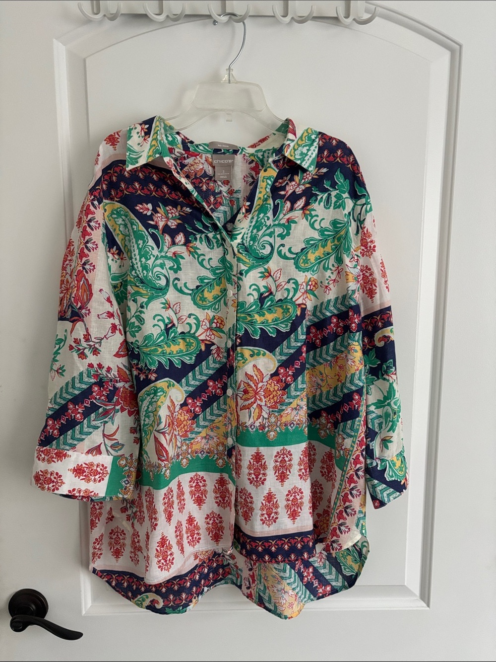 Chico's No Iron Linen Shirt Women's Size 3 (16/18) Paisley Floral Patchwork Top